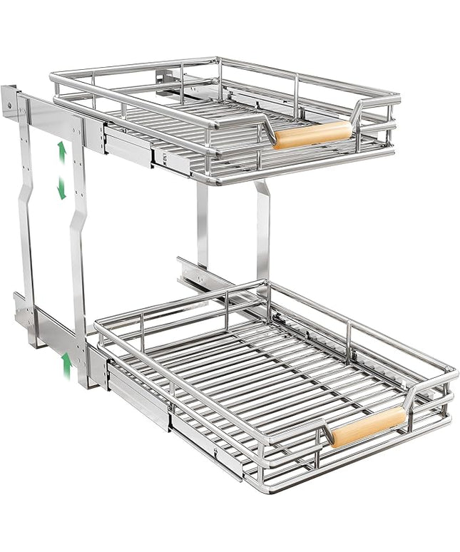 Pull out Cabinet Organizer, 2 Tiers 15"W X 21"D, Heavy Duty Smooth Sliding Under Cabinet Shelves for Pots and Pans, Full-Extension Roll out Drawers, Slide out Organization for Home Kitchen Pantry