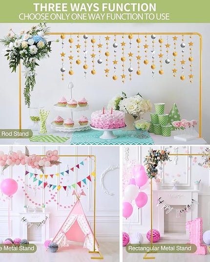 8.2FT x 8FT Backdrop Stand Heavy Duty with Base, Gold Portable Adjustable Pipe and Drape Backdrop Stand Kit, Over The Table Rod Stand with Clamps, Square Metal Arch Party Frame for Birthday Decor