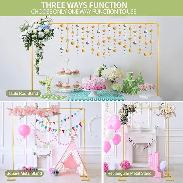 8.2FT x 8FT Backdrop Stand Heavy Duty with Base, Gold Portable Adjustable Pipe and Drape Backdrop Stand Kit, Over The Table Rod Stand with Clamps, Square Metal Arch Party Frame for Birthday Decor