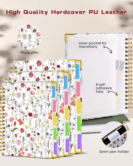 Hardcover Spiral Notebook 8.5"x11" Journal with Removable Dividers Tabs, 300 Pages Leather 5 Subject Notebook College Ruled, Large A4 Notebooks for Work School, Journal for Women, A4 Flower white