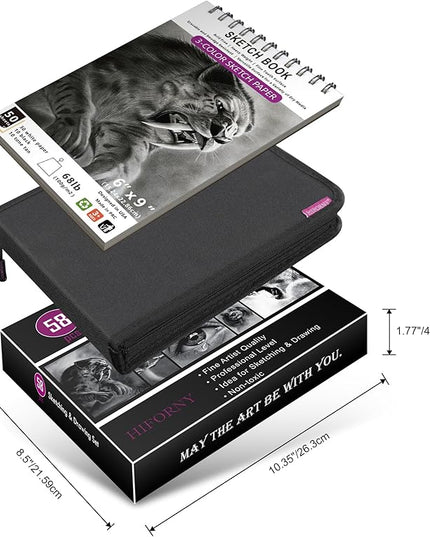HIFORNY 58 PCS Drawing Kit Sketching Pencil Set,Sketch Pencils Art Supplies with 3-Color Sketchbook,Graphite,Charcoal,Blending Tools,Drawing Pencils for Adults Artists