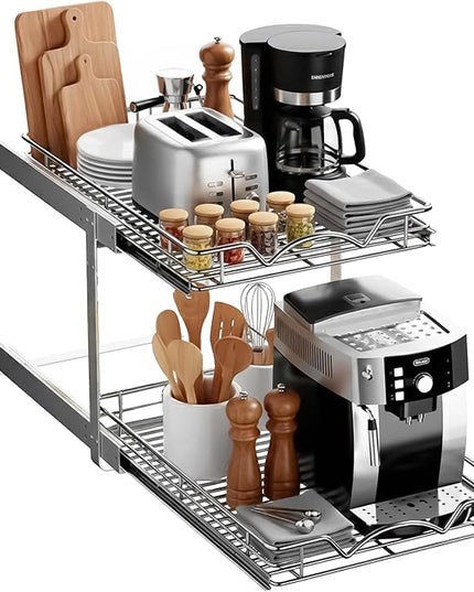 HOLDN’ STORAGE Two Tier Pull Out Cabinet Organizer, Individual Sliding Drawers - Heavy Duty Metal with Lifetime Limited Warranty - Anti Rust Chrome Finish - 17" W x 21”D x 16.5" H