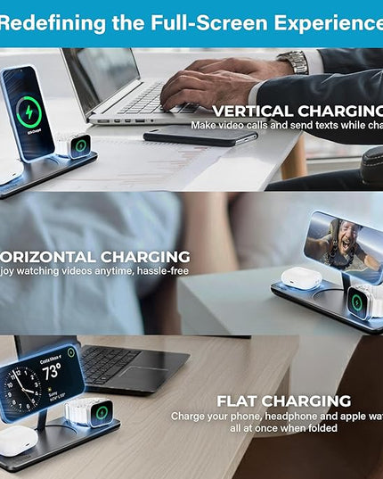 Nimble Podium 3-in-1 Wireless Charging Station for Apple, Qi2-Certified 15W Magsafe Charger Stand, Wireless Charger for iPhone 17 16 15 14 13 - Apple Watch - Airpods Series (Charger & USB-C Included)
