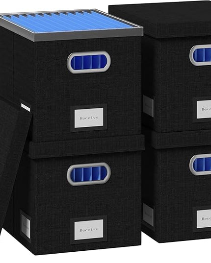 File Organizer Box - File Boxes for Hanging Files with Lid Set of 4 Decorative Hanging Folders Organizer with One-Piece Plastic Frame Slides (Black, 13.2 * 10.1 * 10.1in(4Pack))