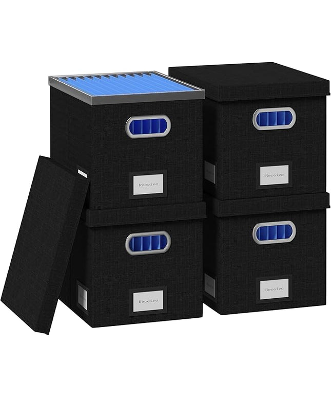 File Organizer Box - File Boxes for Hanging Files with Lid Set of 4 Decorative Hanging Folders Organizer with One-Piece Plastic Frame Slides (Black, 13.2 * 10.1 * 10.1in(4Pack))