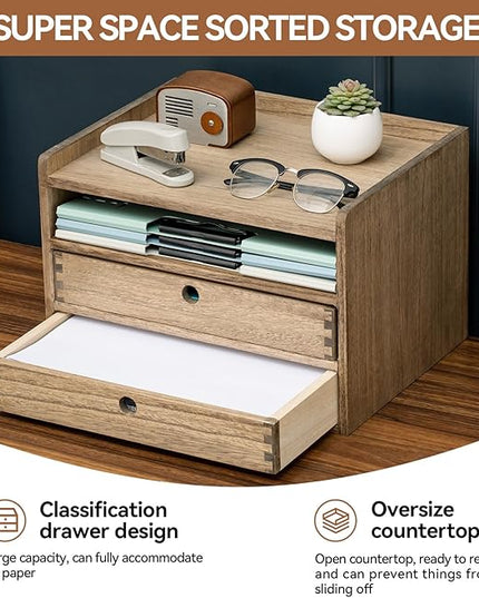KIRIGEN Desktop Organizer Cabinet With 2 Drawers & Tray - Wood Office Desk Storage Shelf for Office Supplies - Small Cabinet for Countertop Accessories Storage 3 Layer Dark Brown（DT3D2C-DBR）