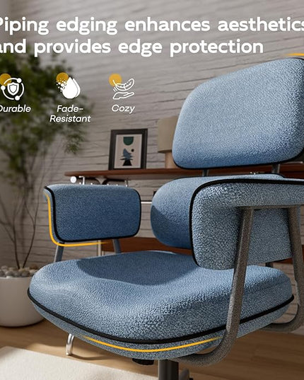 Blue Desk Chair with Wheels and Wide Arms, Soft Granular Linen Fabric Office Chair, Mid Back Vintage Comfy Home Office Desk Chairs with Memory Foam Seat Cushion, Adjustable Height