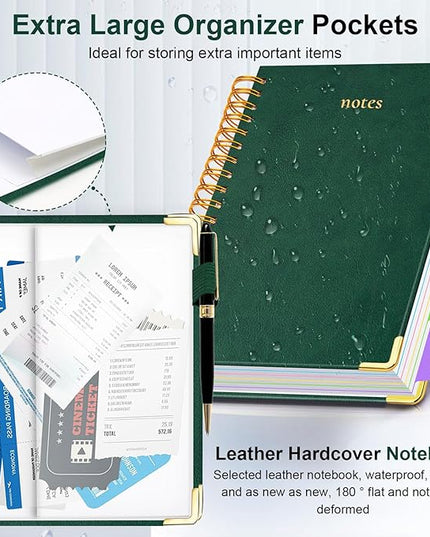 Hardcover Spiral Notebook 8"x10" Journal Notebook with Tabs and Removable Dividers 300 Pages 5 Subject Notebook College Ruled, Faux Leather Spiral Bound Notebook for Women School Work (Green)