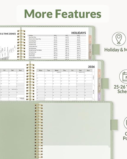 SUNEE 2026 Weekly & Monthly Planner 6.4"x8.5"- 12 Month (January 2026 - December 2026), Vegan Leather Cover, Pocket, Bookmark, Notes, Monthly Tab, Sage Green