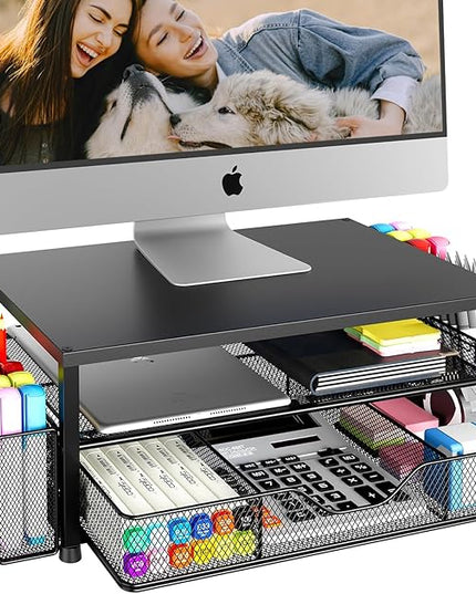 OPNICE Desk Organizer and Accessories, 2-Tier Computer Monitor Stand Riser with Drawer and 2 Pen Holders, Laptop Stand, Office Desk Accessories for Office Supplies, Black
