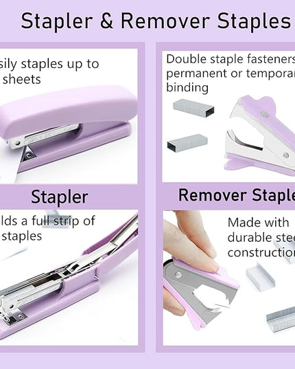 Purple Office Supplies, Purple Desk Accessories, Stapler, Staple Remover, Tape Holder, Pen Holder, Ballpoint Pen, Scissor, Binder Clips, 1000 Staples, Phone Holder, Ruler, Transparent Glue and Notes