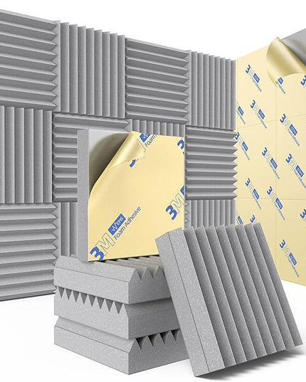 12 Pack Sound Proof Foam Panels for Wall with Self Adhesive, 3" X 12" X 12" High Density Acoustic Panels Sound Absorbing Quick-Recovery, Wedges Soundproof Wall Panels for Gaming & Studio Decor - Gray