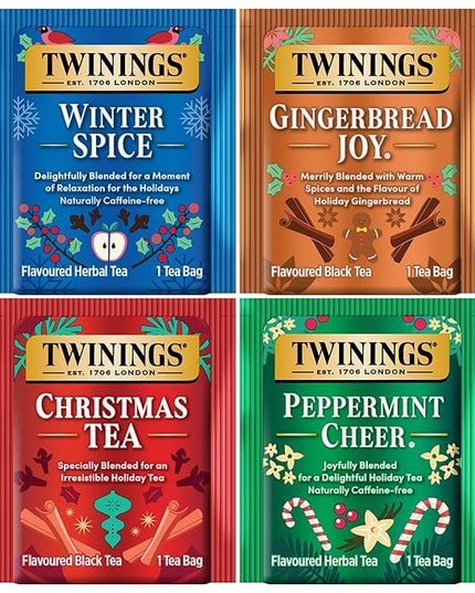 Twinings Holiday Variety Pack Tea Bags, Christmas Tea, Winter Spice, Gingerbread Joy, Peppermint Cheer, 20 Count (Pack of 4), Enjoy Hot or Iced, 80 Teabags