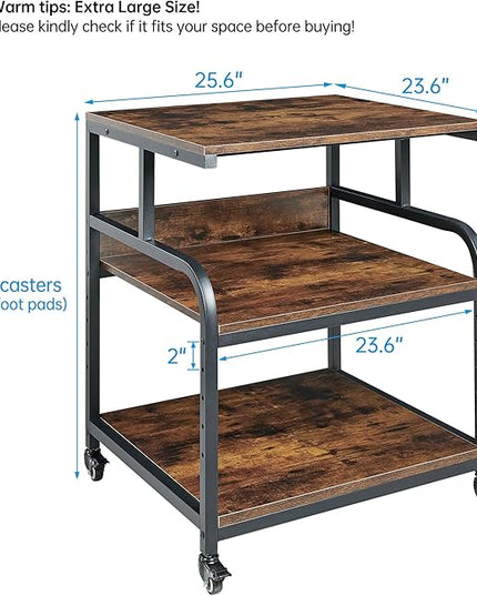 23.6" Deep Extra Large Printer Stand, 3 Tier Printer Table with Adjustable Storage Shelf, Rolling Printer Cart with Industrial Wheels for Home Office, Rustic Brown