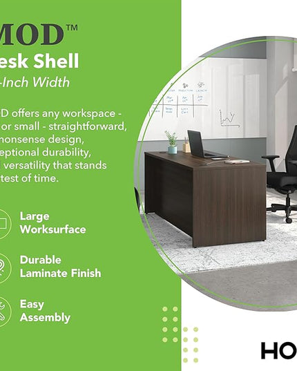 HON MOD Executive Desk 66-Inch Large Computer Desk Shell, Thick Wooden Laminate, Modern Table with Cord Management, 66" W x 30" D x 29" H, Java Oak