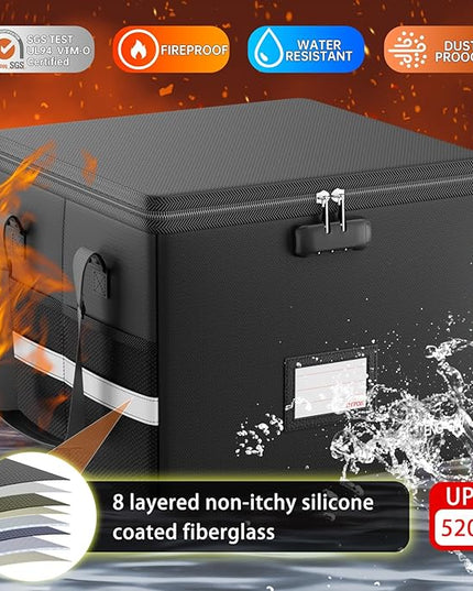 ENGPOW 5200°F Fireproof Document Box with Lock, Heat Insulated Collapsible File Storage Organizer with Handle, Portable Home Office File Cabinet for Hanging Letter/Legal Size Folder, Black