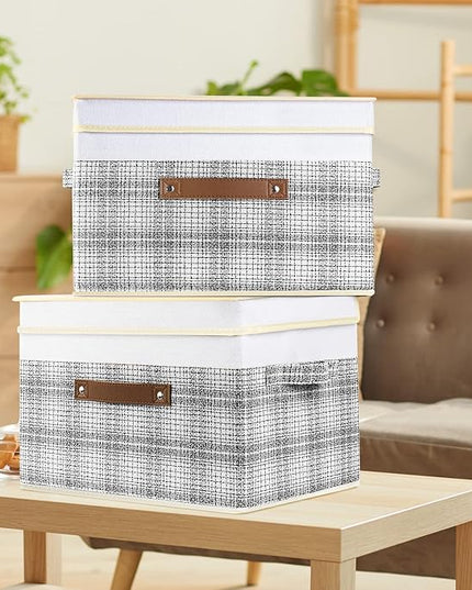 TYEERS Collapsible Storage Bins with Lids, Patchwork Design, Washable, Fabric Storage Boxes, 14.9x9.8x9.8 inches, 5 Pack, Gray
