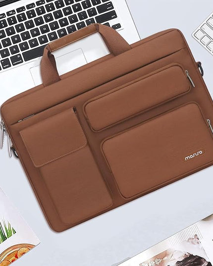 MOSISO Laptop Shoulder Bag 15.6 inch, 15-15.6 inch Computer Bag Compatible with MacBook Pro 16 inch, HP, Dell, Lenovo, Notebook with 2 Raised&1 Flapover&1 Horizontal Pocket&Handle&Belt, Caramel Brown
