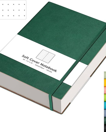 AHGXG Bullet Dotted Journal - 320 Pages Dot Grid Notebook B5 Large Journal, 100gsm Thick Dotted Paper, Leather Softcover, with Journal Stencils, Inner Pocket, 7.6'' X 10'' - Green