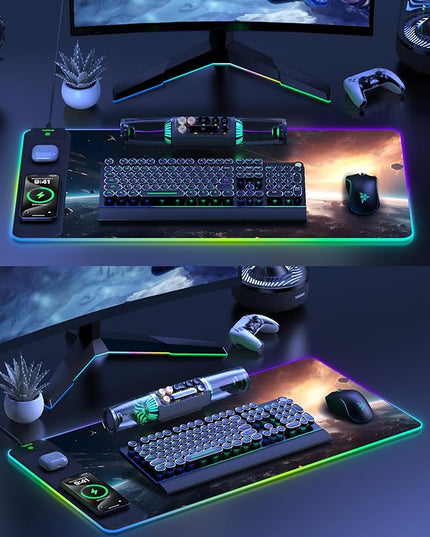 TopMade RGB Gaming Mouse Pad with 15W Wireless Charging, 31.5” x 15.8” XXL Large Desk Mat Home Office Keyboard Pad for Desk, Waterproof Mousepad with Smooth Surface, Non-Slip Base, Cosmic Planet