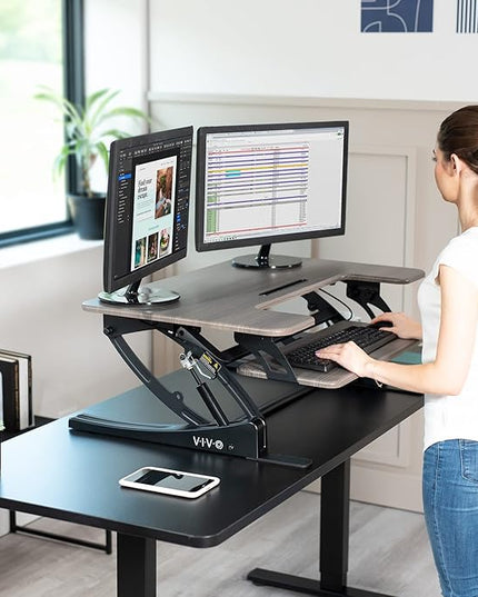 VIVO 36 inch Height Adjustable Stand Up Desk Converter, V Series, Quick Sit to Stand Tabletop Dual Monitor Riser Workstation, Gray Top, Black Frame, DESK-V000VG