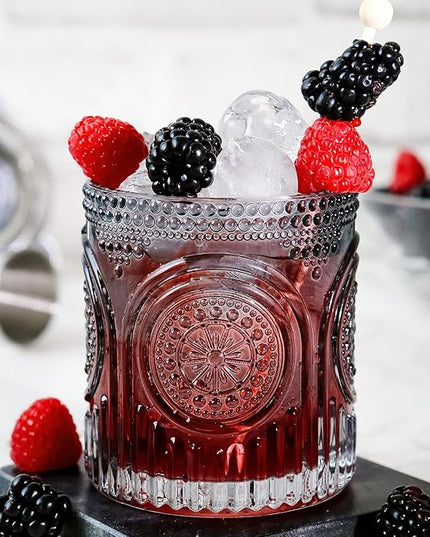 Ribbed Retro Arch Floral Smoke Grey Drinking Glasses Set of 6, (10 oz) Vintage Glassware Set by Kate Aspen| Cocktail Glass Set, Juice Glass, Water Cups | Hostess Gift & Present for New Home Owners