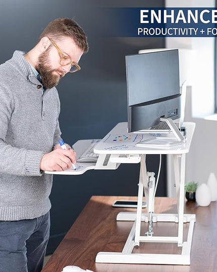 VIVO 36 inch Desk Converter, K Series, Height Adjustable Sit to Stand Riser, Dual Monitor and Laptop Workstation with Wide Keyboard Tray, White Dry Erase, DESK-V036KWE