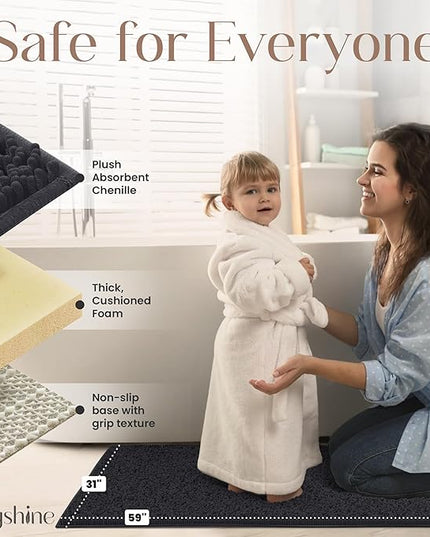 MAYSHINE Plush Shaggy Chenille Bath Mat | Extra Soft, Super Absorbent, Non-Slip Bathroom Rug | Fluffy Microfiber, Area Rug Sets for Bathroom Floor, Kitchen, Living Room | 59"x31" | Black