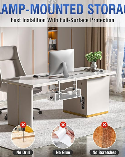 Under Desk Cable Management Tray - GZOKMOG No Drill Cord Organizer with Clamp, Workspace Organizers for Cords, Metal Mesh Wire Management for Home and Office, 1 Pack White, 13.38 inch
