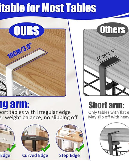 Under Desk Cable Management Tray, Metal Long Arms(3.9in), No Drill Mesh Wire Management Tray Cable Box for Office, Desk Wire Organizer with Clamp Mount, 1 Pack, White