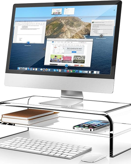 AboveTEK 2-Tier Acrylic Monitor Stand, Computer Riser for Home Office, Clear Monitor Riser for Keyboard Storage, 18.9" x 8.7" Multi Monitor Desk Stand for iMac Multi-Media Laptop Printer TV
