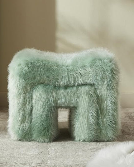 Ottoman Set of 2 Small Footstool Ottoman Vanity Stool Chair Faux Fur Seating Backless Modern Foot Rest Furry for Makeup Room Living Room Bedroom Entryway,Green(2-in-1)
