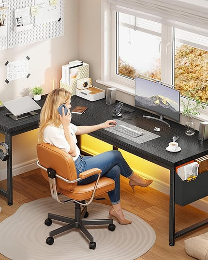 63 Inch Gaming Desk with Power Outlets & Storage Bag and LED Lights, L Shaped Desk with 0.95 Inch Thicker Desktop, Reversible Computer Desk for Home Office, Study Room, Living,Bedroom, Black