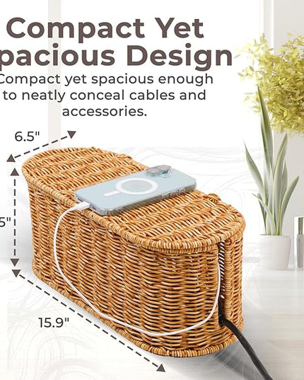 Cable Management Box, Handmade Rattan Cable Organizer, 2 Open Slots Cords Hider Box, Under Desk Cord Organizer for Computer Router USB Hub & Power Strip, Patent Pending, 15.9" x 6.5" x 6.5", Natural