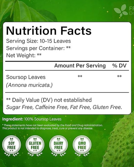 FreshDrinkUS, Premium 30+ Soursop Graviola Dried Leaves, Natural Whole Soursop Leaves, Wildcrafted, Hoja Guanabana, Loose Leaf Herbal Tea, No Gluten, Vegan
