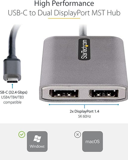 StarTech.com USB-C to Dual Displayport 1.4 Adapter, USB Type-C Muliti-Monitor MST Hub, Dual 5K 60Hz DP Laptop Display Extender / Splitter, HDR, Extra-Long Built-In Cable, Windows Only (MST14CD122DP)