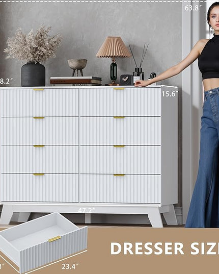 BORNOON Fluted 8 Drawer Tall Dresser, 47.2" Wide Modern Boho Chest of Drawers, Wooden Storage Dresser TV Stand for Bedroom, Living Room, Closet, Hallway, Curved Profile Design