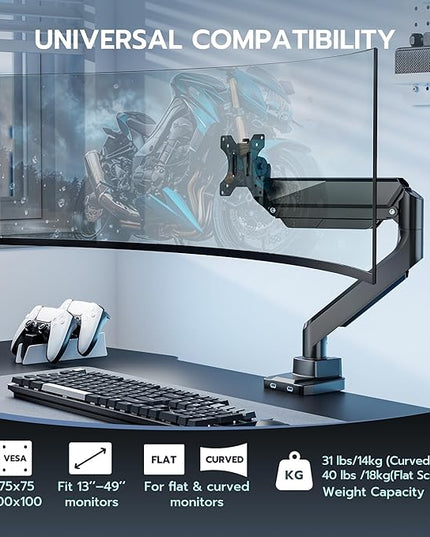 ARES WING Single Monitor Arm, Heavy Duty Adjustable Monitor Arm for 13"-49" Screens with USB, Gas Spring Desk Mount Stand with C Clamp/Grommet Mounting Base up to 40lbs Computer, Black
