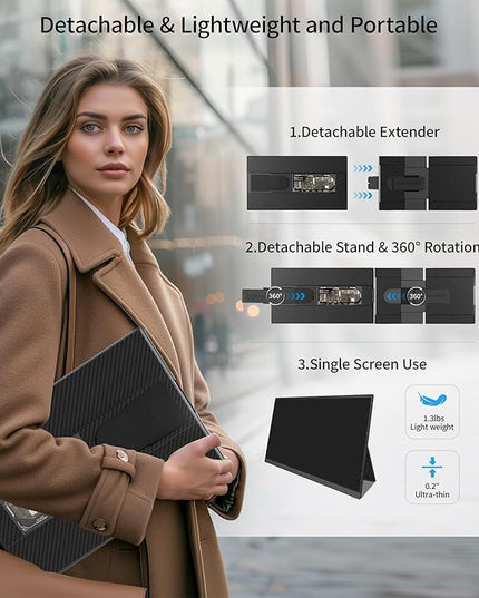 Cevaton Laptop Screen Extender - 15.6" FHD 1080P Portable Monitor for Laptop, Detachable & Plug and Play Dual Monitor Extender for 13"-17.3" Laptops, Compatible with Wins/Mac/Android/Chrome