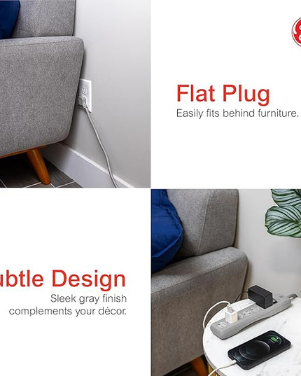 GE Surge Protector Power Strip, 25 Ft Extension Cord, 6 Outlet Extender, 800 Joules, Flat Plug, Twist-to-Close Safety Covers, UL Listed, Gray, 62470