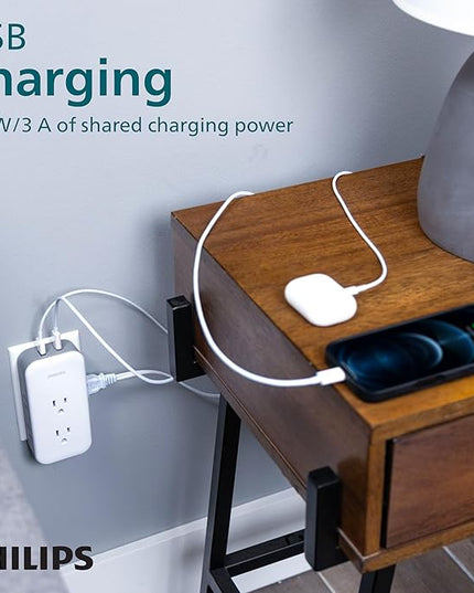 Philips All-in-One Surge Tap with USB, 2 Grounded & 4 Polarized Outlets, 1 USB-C & 1 USB-A Port (15W Shared), 490 Joules, ETL Certified, White/Gray, SPP3503GW/37