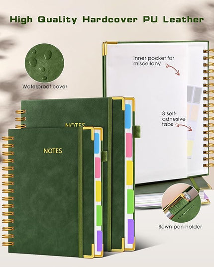 Hardcover Spiral Notebook journal with Removable Dividers Tabs, 300 Pages Leather 5 Subject Notebook College Ruled, 100GMS A5 Notebooks for Work School Note taking,Lined Journal for Women,A5-Green
