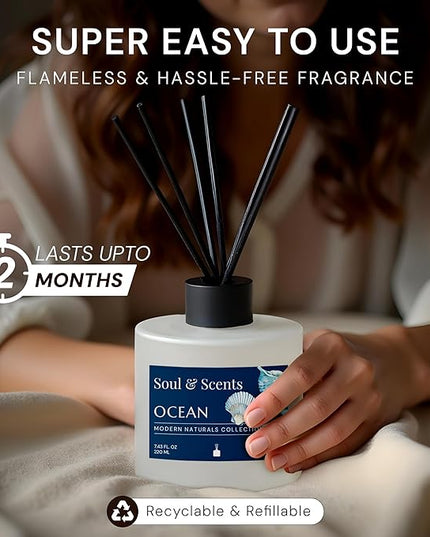 Soul & Scents Reed Diffuser Set – Ocean | 7.43 oz Refillable Scented Oil with 6 Fiber Sticks | Long-Lasting Home Fragrance & Air Freshener for Bedroom, Bathroom, Office | Gift & Décor Piece
