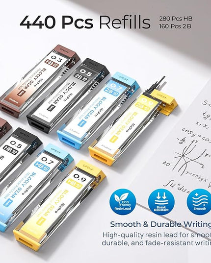 Nicpro 4 Pack Blocky Gear 0.3, 0.5, 0.7, 0.9 mm Metal Mechanical Pencils Set with Case, Lead Drafting Pencil with 8 Tube Lead Refills(HB 2B), Erasers, Eraser Refills for Art Writing Sketching Drawing
