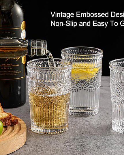 Vintage Glassware Drinking Glasses Set of 6,13 oz Clear Textured Flower Design Glass Water Tumblers，Embossed Striped Drinkware for Water,Cocktails,Juice,Iced Coffee