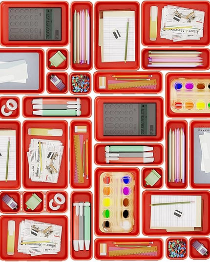 45 Pack Desk Drawer Organizer Tray, 3 Sizes Plastic Drawers Organizer Storage for Kitchen, Bathroom, Office, Vanity, Makeup, Utensils, Junk Drawer Organizer Bins, Gadget Trays for Organizing, Red
