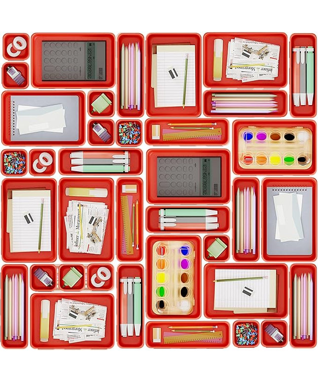 45 Pack Desk Drawer Organizer Tray, 3 Sizes Plastic Drawers Organizer Storage for Kitchen, Bathroom, Office, Vanity, Makeup, Utensils, Junk Drawer Organizer Bins, Gadget Trays for Organizing, Red