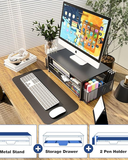 OPNICE Desk Organizer and Accessories, 2-Tier Computer Monitor Stand Riser with Drawer and 2 Pen Holders, Laptop Stand, Office Desk Accessories for Office Supplies, Black 2-Pack