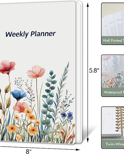 Undated Weekly Planner - Weekly Goals Notebook, A5 To Do List Planner, Habit Tracker Journal with Spiral Binding Floral Cover