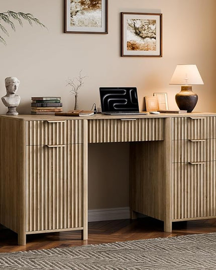 58" Fluted Home Office Desks with Storage, Modern Executive Desk Computer Desks with 5 Drawers & Cabinet, Wood Work Desk File Drawer for Office, Bedroom, Study, Living Room, Oak